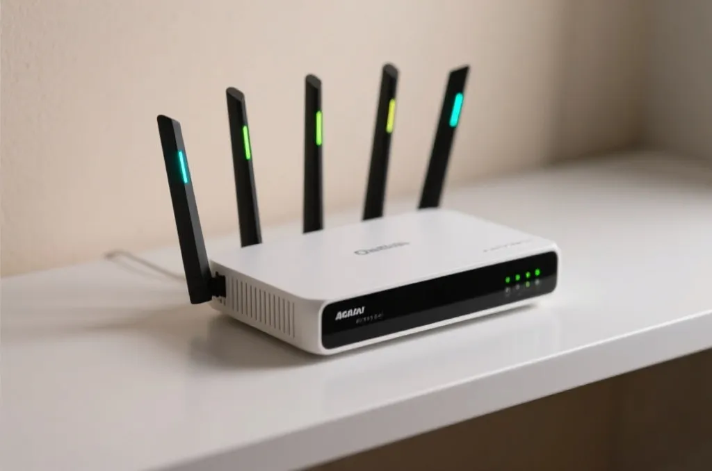 A modern high-speed wireless router with glowing status lights on a clean shelf